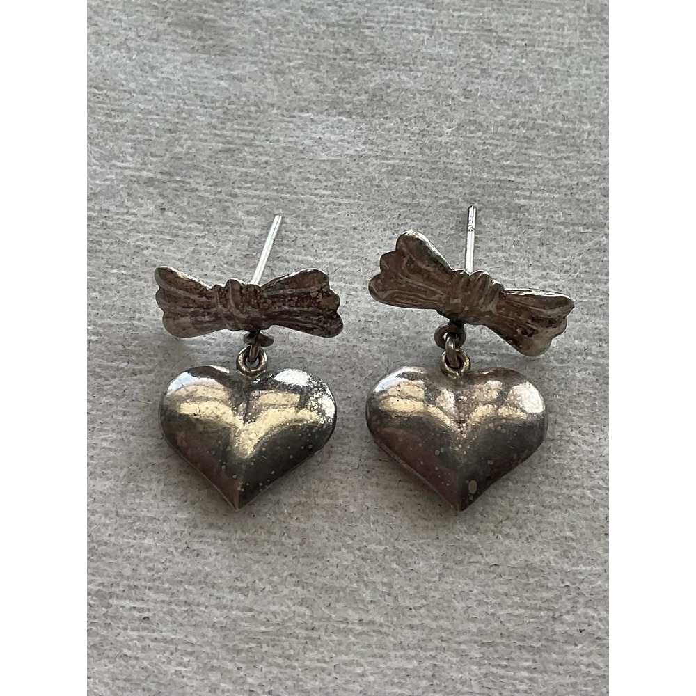 vintage sterling silver bow and dangling puffed heart post earrings Estate Jewel